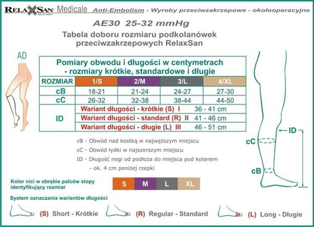 Podkolanówki przeciwzakrzepowe 2 Klasa Kompresji ucisk 25-32 mmHg, RelaxSan Medicale Anti Embolism ECO - Art. M1350A - M