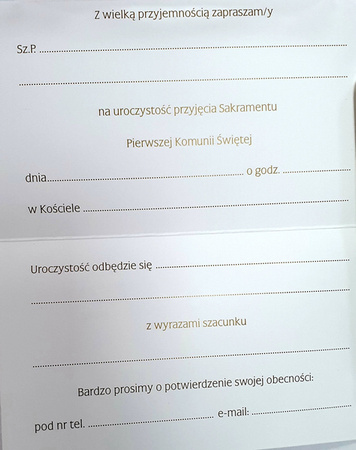 Zaproszenie dla Ojca Chrzestnego na Uroczystość Pierwszej Komunii Św. 1szt.